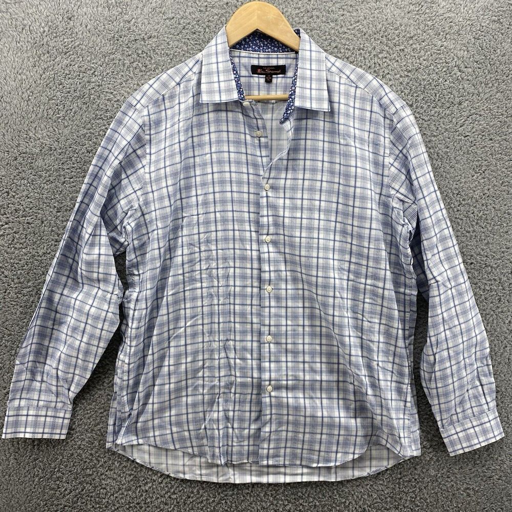 Ben Sherman Mens 17 34/35‎ XL Blue Plaid Button Up Long Sleeve Shirt Regular Fit